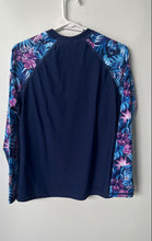 Load image into Gallery viewer, Womens Navy Blue Floral Raglan Sleeve Crew Neck Pullover Swimwear T-Shirt Size M
