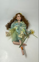 Load image into Gallery viewer, Brown Curly Hair Green Eyes Collectible Porcelain Doll In Multicolor Outfit
