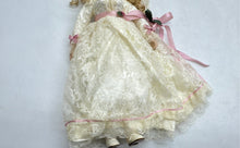 Load image into Gallery viewer, White Lace Dress Pink Ribbon Hat Curly Blonde Hair Collectible Porcelain Doll
