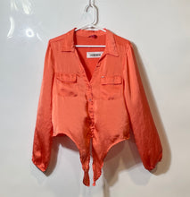 Load image into Gallery viewer, Guess Womens Orange Long Sleeve Pockets Tie Front Collared Blouse Top Size L
