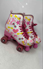 Load image into Gallery viewer, Mattel Girls White &amp; Pink Barbie Print Lace-Up Quad Wheel Roller Skates Size 3-6
