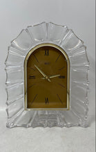 Load image into Gallery viewer, Mikasa Clear Engraved Crystal Quartz Movement Standing Desk Clock Not Tested
