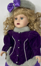 Load image into Gallery viewer, Blonde Curly Hair Blue Eyes Collectible Porcelain Doll With Purple Outfit
