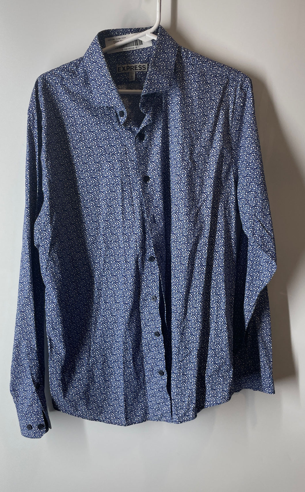 Express Mens Blue Printed Long Sleeve Collared Dress Shirt Size Large