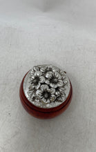Load image into Gallery viewer, Vintage Brown Wooden Round Trinket Box With A Floral Engraved Metal Lid

