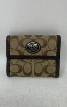 Load image into Gallery viewer, Coach Womens Brown Signature Leather Trim Credit Card ID Window Trifold Wallet
