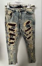 Load image into Gallery viewer, Focus Mens Blue Denim Distressed Rhinestone 5-Pocket Design Skinny Jeans 30W/30L
