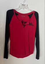 Load image into Gallery viewer, Harley-Davidson Womens Red Black Embroidered Henley Neck T-Shirt Size Small
