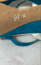 Load image into Gallery viewer, Majora Womens White Blue Leather Buckle Wedge Heel Ankle Strap Heels Size 39

