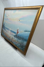 Load image into Gallery viewer, Framed Coastal Beach Woman In Sun Hat And Seagulls Oil Painting Signed Wall Art
