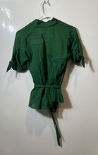 Load image into Gallery viewer, Zara Womens Green Short Sleeve V-Neck Pleated Belted Waist Blouse Top Size Small

