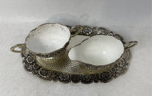 Load image into Gallery viewer, Vintage Lot Of 3 Silver-Tone And White Enamel Sugar Bowl Creamer w/ Serving Tray
