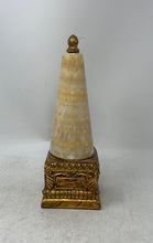 Load image into Gallery viewer, Alabaster Cone Mounted On A Square Base Of Golden Metal Decorative Object
