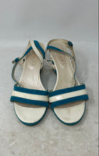 Load image into Gallery viewer, Majora Womens White Blue Leather Buckle Wedge Heel Ankle Strap Heels Size 39
