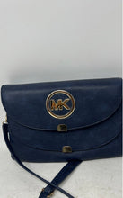Load image into Gallery viewer, Michael Kors Womens Blue Gold-Tone Leather Adjustable Strap Flap Crossbody Bag
