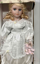 Load image into Gallery viewer, Dandee Keepsake Memories Blonde Blue Eyes White Dress Flowers Porcelain Doll
