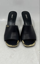 Load image into Gallery viewer, DKNY Womens Bronx Gold Black Leather Open Toe Slip-On High Mule Heels Size 9M
