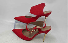 Load image into Gallery viewer, Biondini Womens Red Pointed Toe Buckle Stiletto Ankle Strap Heels Size 7
