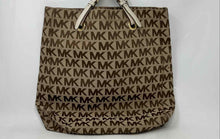 Load image into Gallery viewer, Michael Kors Womens Beige Signature Print Charm Double Handle Tote Handbag
