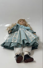 Load image into Gallery viewer, Blonde Curly Hair Green Eyes Vintage Style Rachel Porcelain Doll In Blue Outfit
