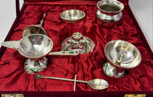 Load image into Gallery viewer, Set Of 9 Pcs Silver Tone Collectible Pooja Thali Meenakari With Red Velvet Box
