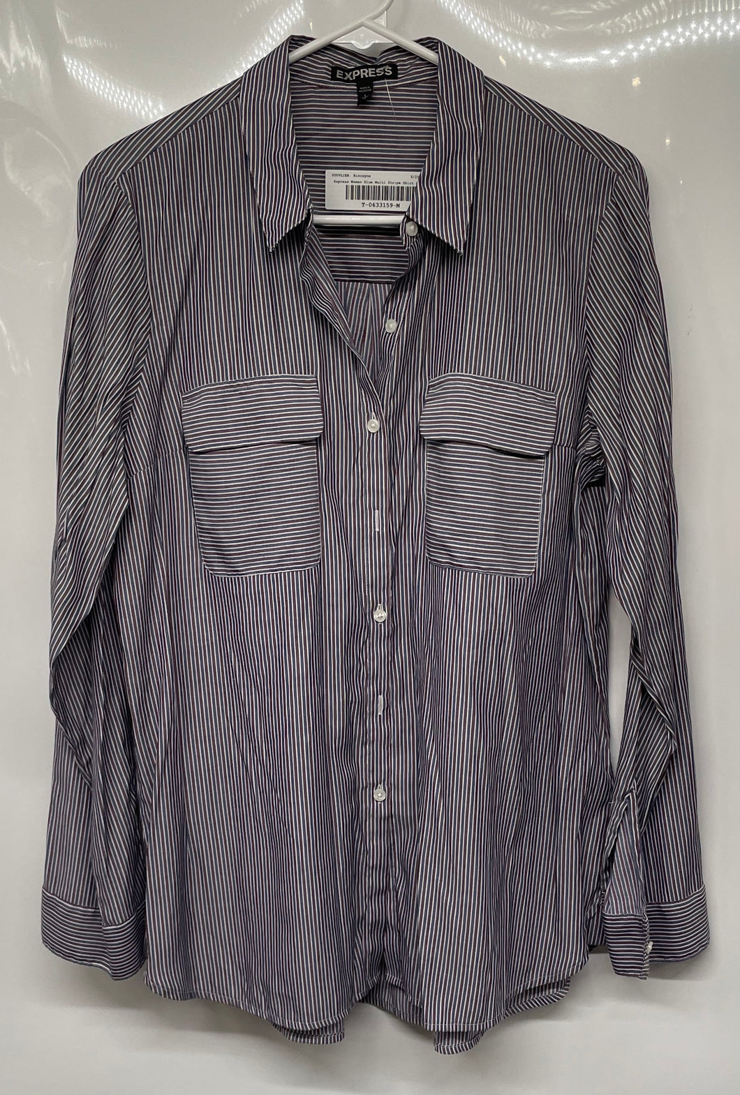 Express Womens Blue Multi Striped Long Sleeve Two Pockets Button-Up Shirt Size L