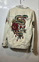 Load image into Gallery viewer, Reason Mens Blue Snakes And Roses Embroidered Long Sleeve Denim Jacket Size L
