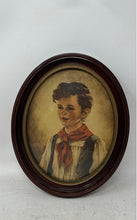 Load image into Gallery viewer, Vintage Boy Wearing Red Scarf &amp; Green Vest Chiko Oval Framed Portrait Art Print
