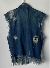 Load image into Gallery viewer, Zara Trafaluc Denimwear Womens Blue Embellished Distressed Jean Vest Size M
