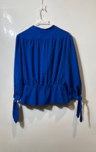 Load image into Gallery viewer, Eva Mendes Womens Blue V-Neck Pleated Long Sleeve Tied Cuffs Blouse Top Size L
