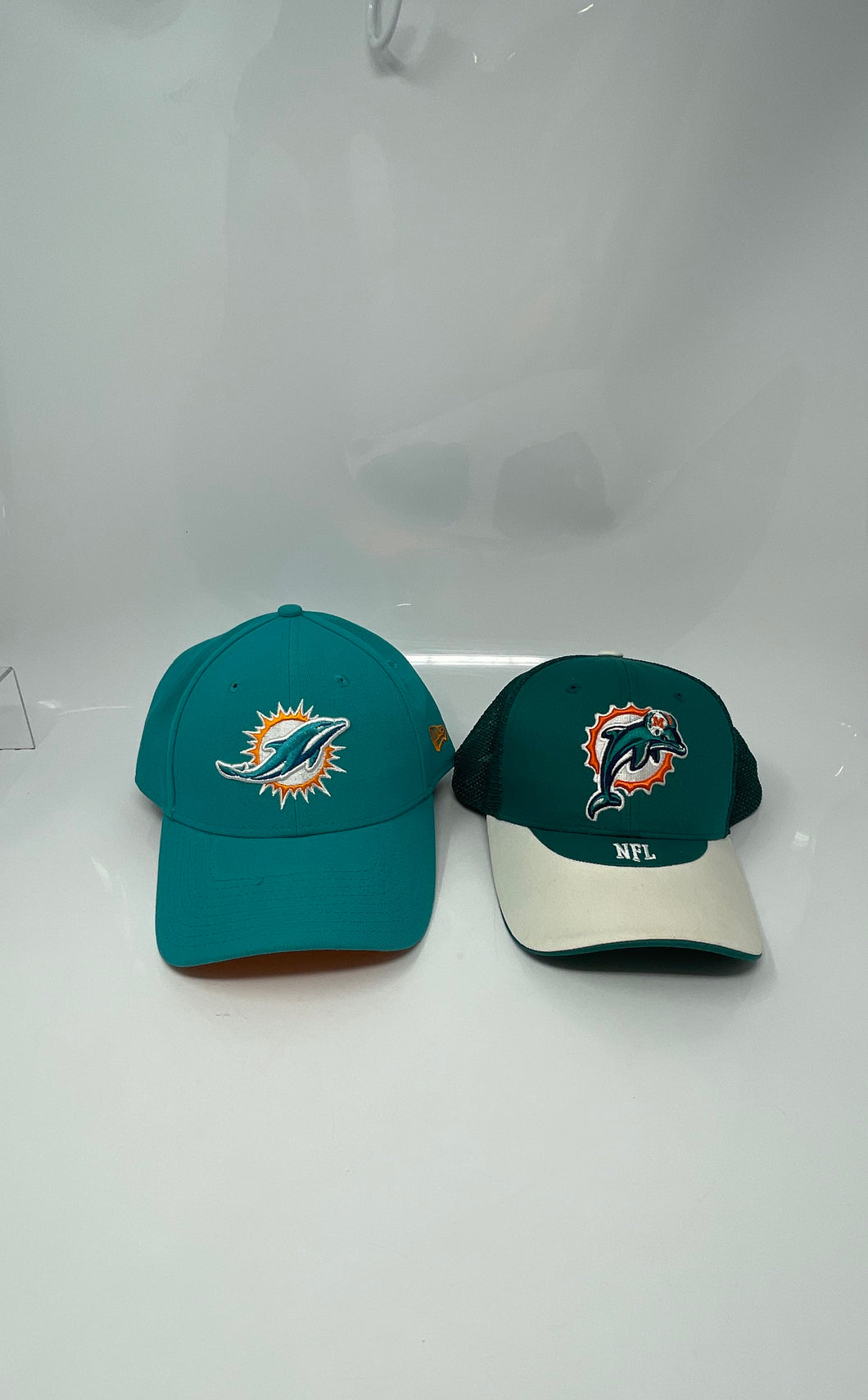 Lot Of 2 Assorted Mens Turquoise Orange NFL Miami Dolphins Baseball Caps