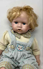 Load image into Gallery viewer, Blonde Hair Blue Eyes Decorative Porcelain Baby Doll With Plaid Overalls Outfit

