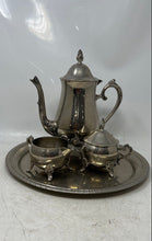 Load image into Gallery viewer, Lot Of 4 Pcs Vintage Silver-Tone Footed Teapot With Sugar Bowl Creamer And Tray
