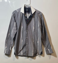 Load image into Gallery viewer, Maceoo Mens Black White Striped Cotton Collared Long Sleeve Dress Shirt Size 2/S
