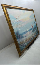 Load image into Gallery viewer, Framed Coastal Beach Woman In Sun Hat And Seagulls Oil Painting Signed Wall Art
