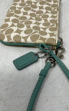 Load image into Gallery viewer, Coach Womens Green Brown White Signature Pebbled Leather Wristlet Wallet
