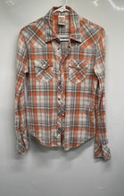 Load image into Gallery viewer, True Religion Womens Peach &amp; Gray Plaid Long Sleeve Button-Up Shirt Size S
