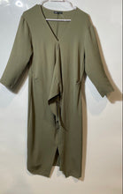 Load image into Gallery viewer, Zara Womens Green 3/4 Sleeve V-Neck Draped Front Knot Midi Shift Dress Size L
