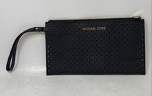 Load image into Gallery viewer, Michael Kors Womens Black Gold-Tone Hardware Perforated Zipper Wristlet Wallet

