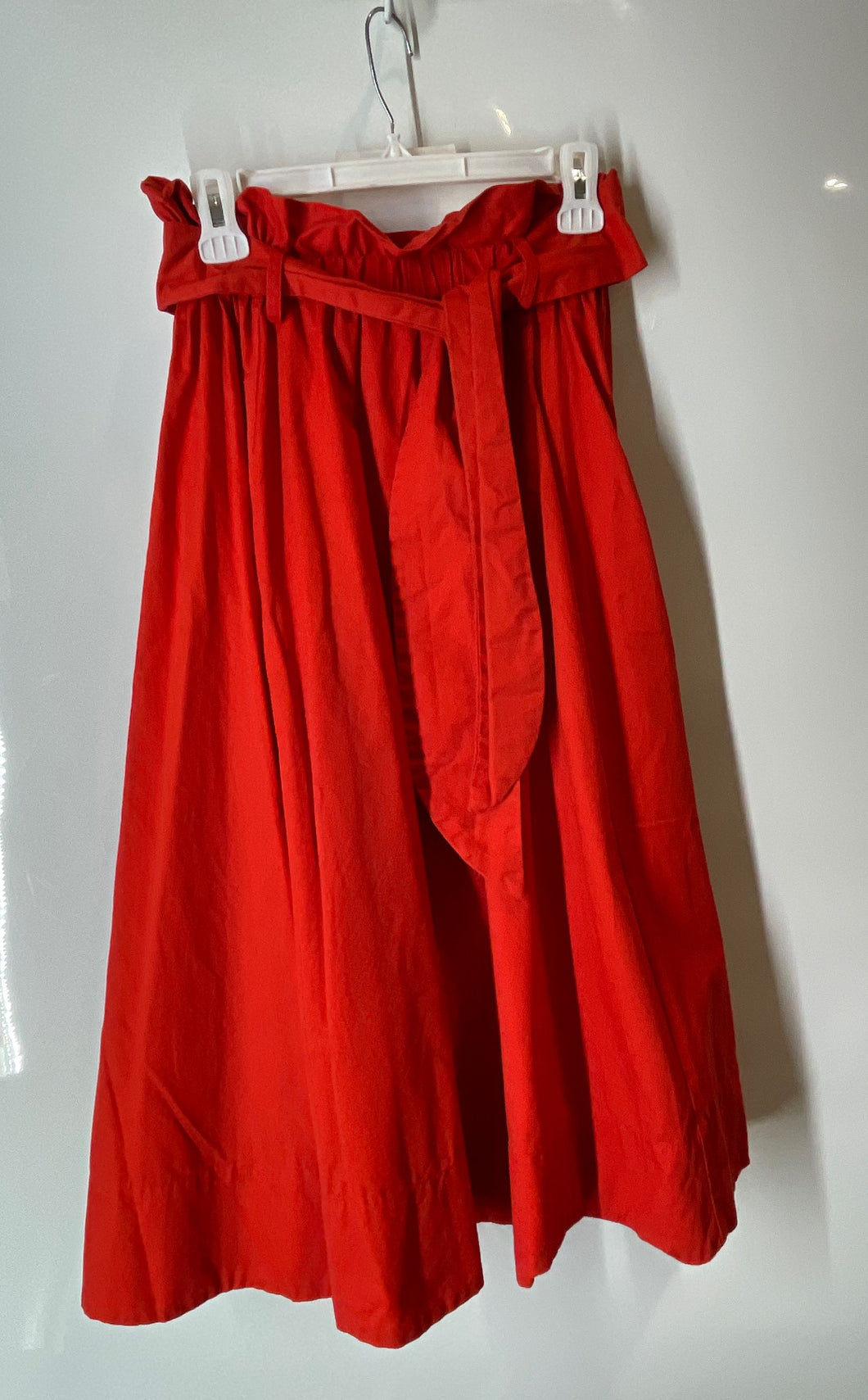 H&M Womens Red Cotton Elastic Waist Belted Midi A-Line Skirt Size Small