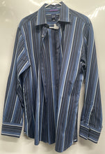 Load image into Gallery viewer, Gap Mens Blue Striped Long Sleeve Collared Fitted Premium Dress Shirt Size M
