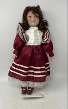 Load image into Gallery viewer, Heirloom Collection Curly Brown Hair White Burgundy Dress Porcelain Doll
