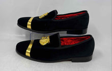 Load image into Gallery viewer, Foevtrue Mens Black &amp; Gold Quilt Lined Round Toe Slip-On Loafer Shoes Size EU 43
