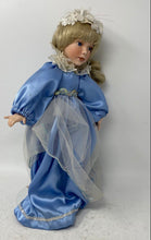 Load image into Gallery viewer, Blue Dress Blonde Hair White Floral Headband Open Eyes Fashion Porcelain Doll
