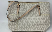 Load image into Gallery viewer, Michael Kors Womens Jet Set White Beige Signature Print Leather Zip Top Tote Bag
