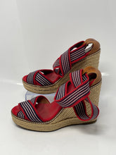 Load image into Gallery viewer, Authentic Tory Burch Womens Red Beige Wedge Espadrille Sandals Size 7B Damaged
