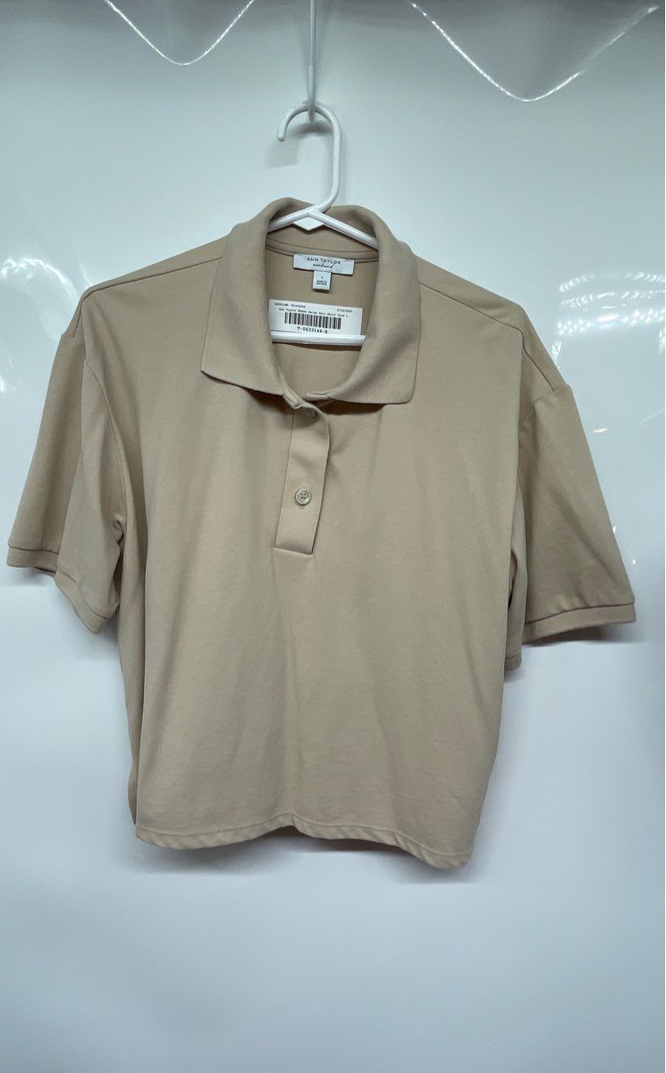 Ann Taylor Weekend Womens Beige Short Sleeve Collared Polo Shirt Size L