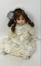 Load image into Gallery viewer, Vintage Blue Eyes Brown Hair Lace Dress With Hat Collectible Porcelain Girl Doll
