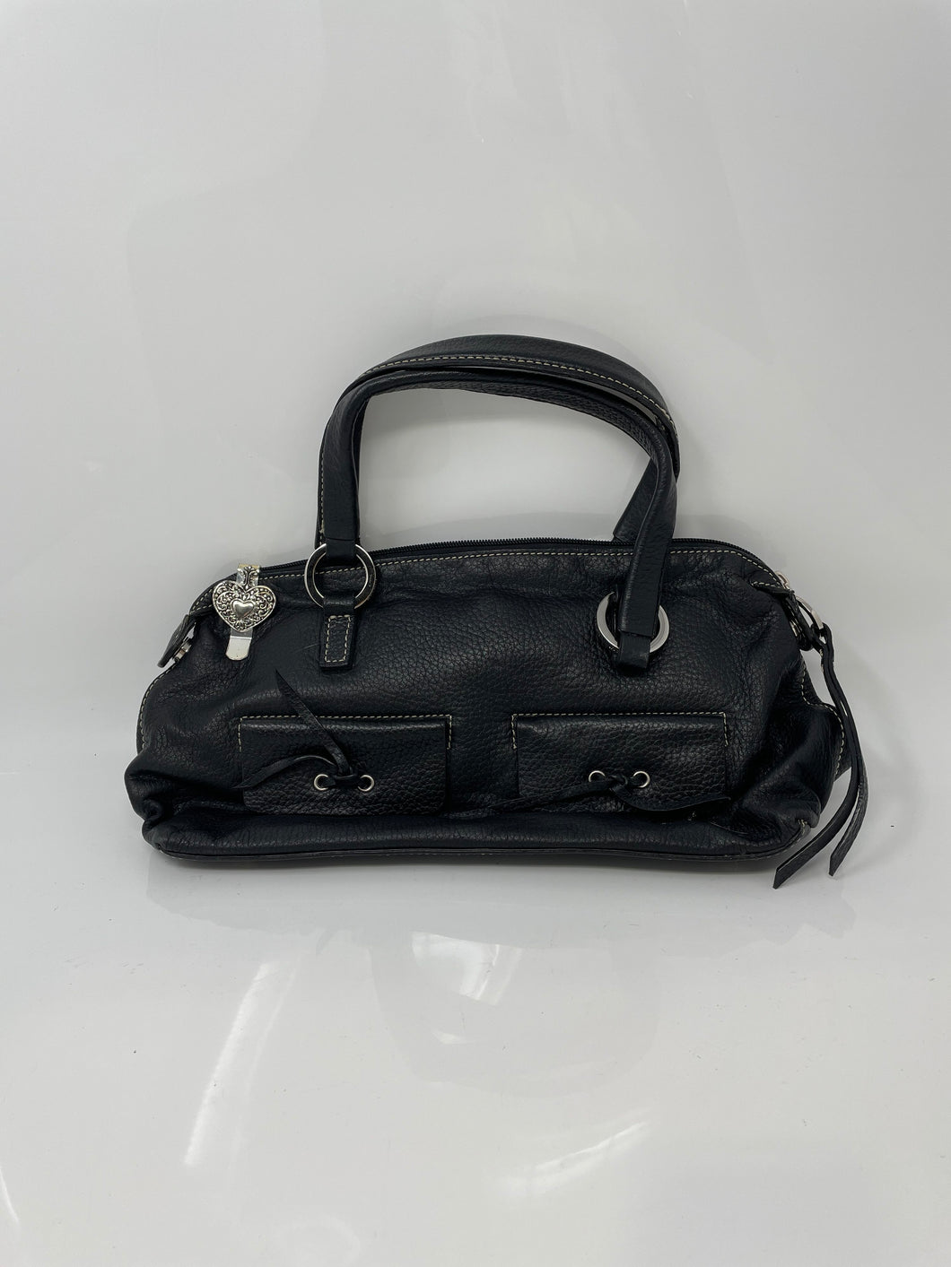 Alfani Womens Black Pebbled Leather Inner Pockets Double Handle Shoulder Bag