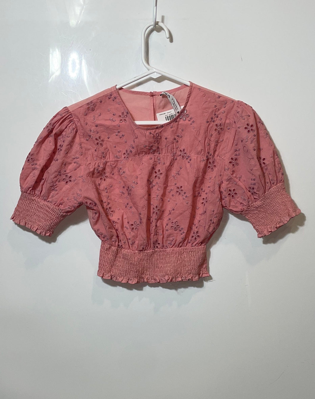 Zara Womens Pink Embroidered Short Sleeve Smocked Waist Cropped Blouse Top Sz XS